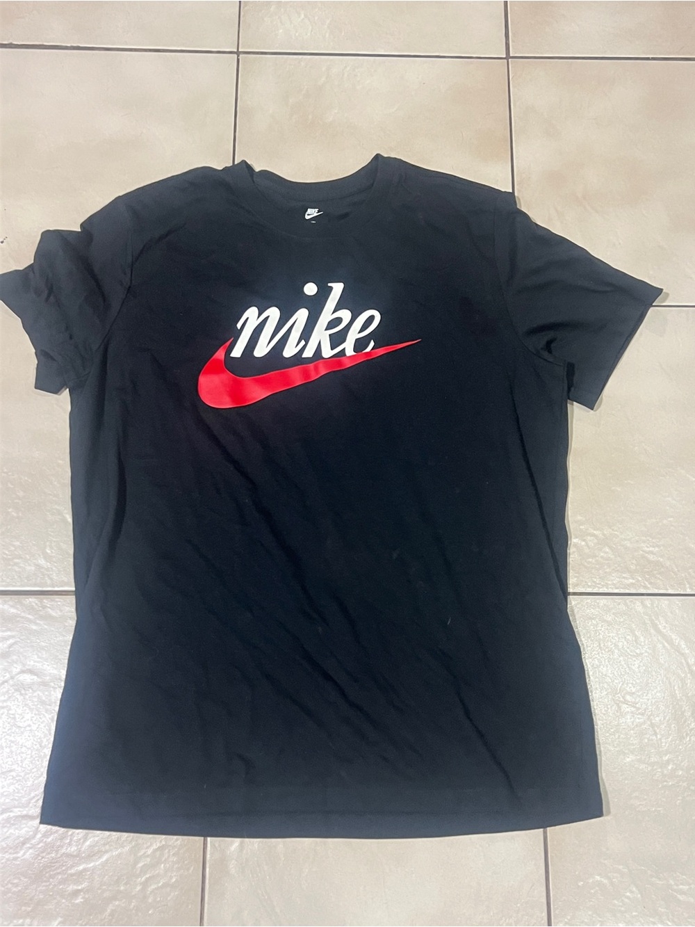 Nike Black Short Sleeve Tee with Red Swoosh and White Script